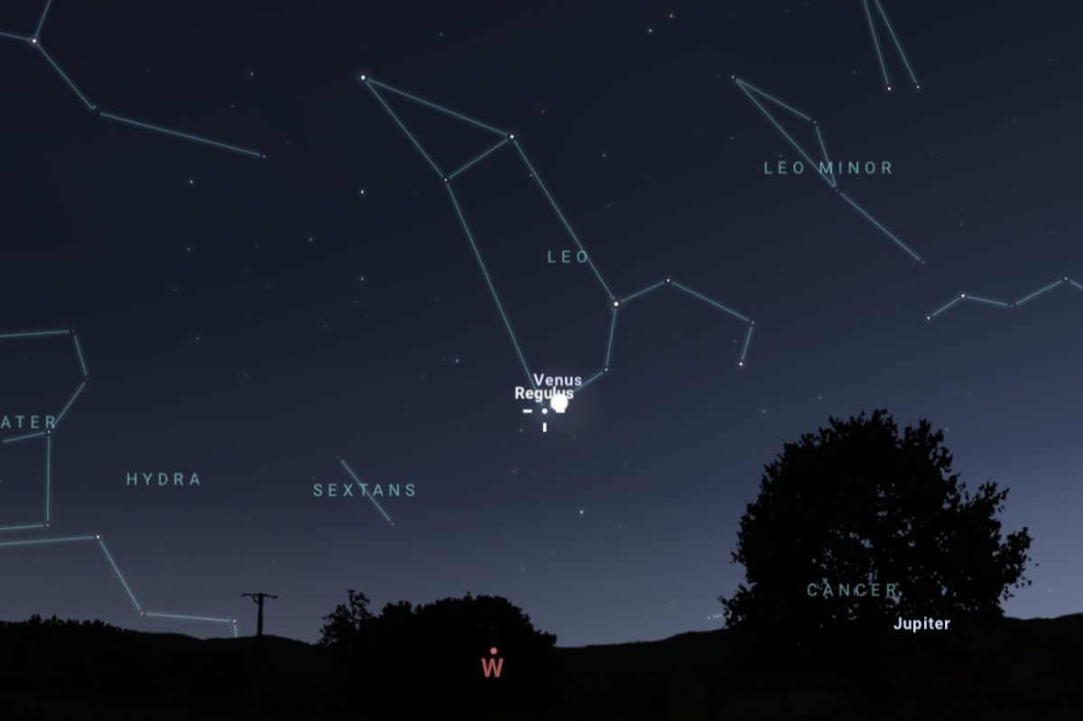 2026年7月9日、日の入り1時間後(東京:午後8時)の西の空(Stellarium)