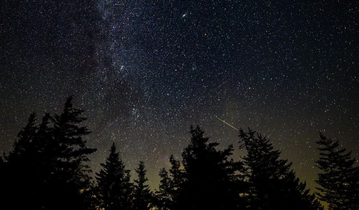 ペルセウス座流星群とやぎ座α（アルファ）流星群の活動期間中に夜空を横切る流れ星。米ウェストバージニア州スプルース・ノブにて2025年8月3日、30秒露光で撮影（NASA/Bill Ingalls） 
