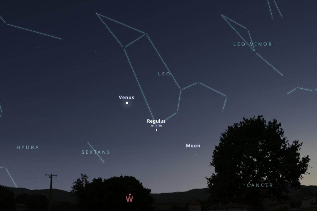 2026年7月16日、日の入り約45分後（東京：午後7時44分）の西の空（Stellarium）