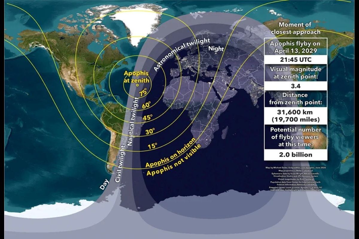 地球最接近時（日本時間14日午前6時46分）の小惑星アポフィスを目視できる地域を示した世界地図（EclipseAtlas.com）