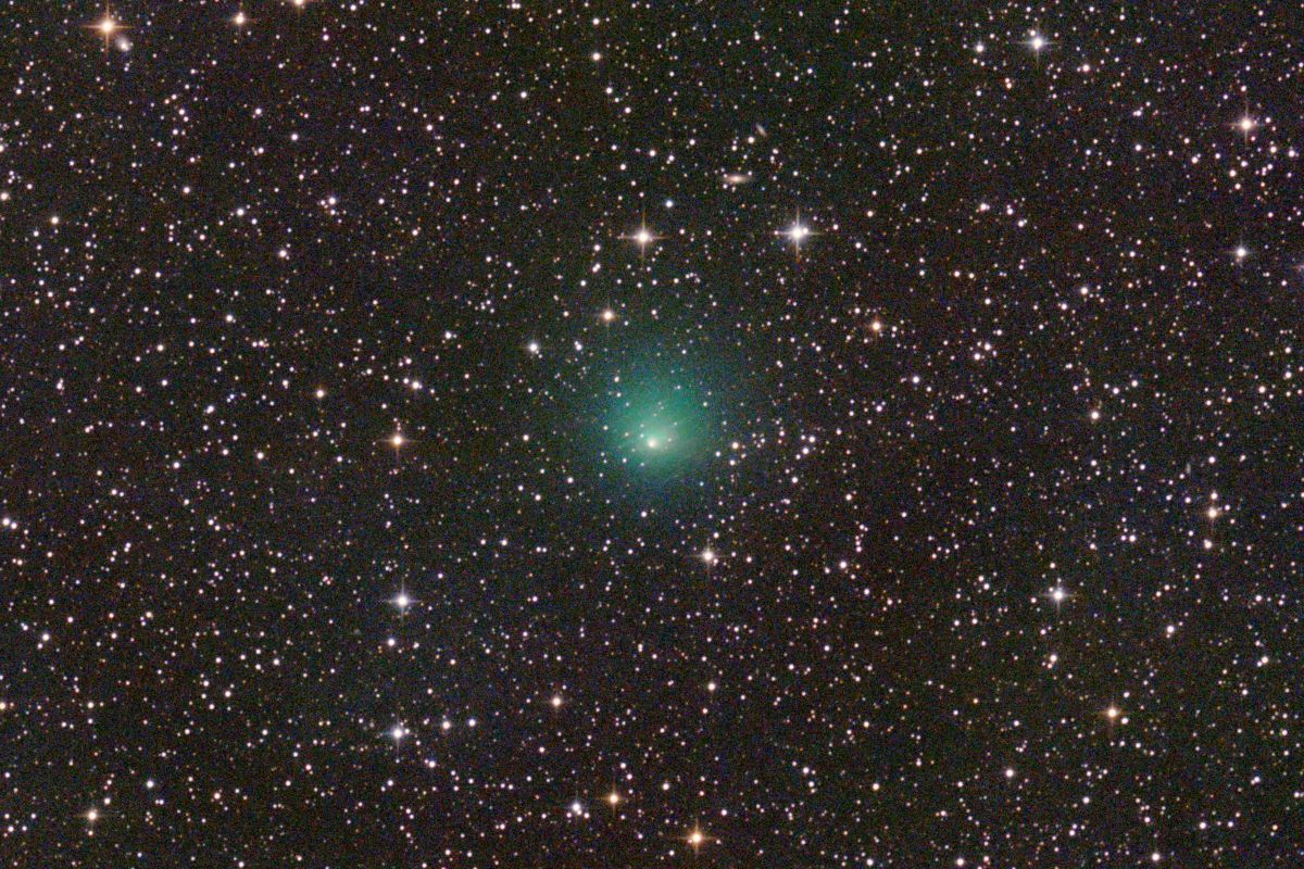 太陽と地球に接近しつつあるテンペル第2彗星（10P/Tempel）の明るい核と緑色に光るコマ。ギリシャ・クレタ島東部にて2026年6月21～22日に49分露光で撮影（Dimitrios Katevainis, CC BY-SA 4.0 <https://creativecommons.org/licenses/by-sa/4.0>, via Wikimedia Commons）