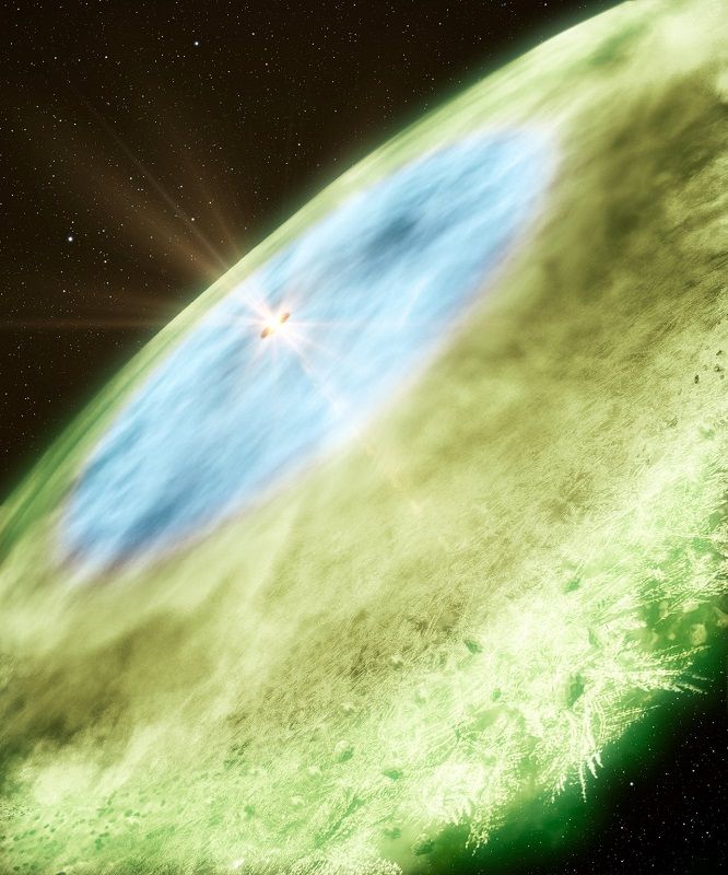 うみへび座TW星の原始惑星系円盤と雪線（スノーライン、物質が気体から固体になる温度の境界線）を描いた想像図。内側にある青色の円盤内には水氷に覆われた塵（固体微粒子）が、外側の緑色の円盤内には一酸化炭素（CO）の氷に覆われた塵がそれぞれ存在し、青から緑への遷移領域がCOの雪線になる。化合物ごとに凝固点が異なるため、主星からそれぞれ異なる距離に異なる雪線が見られる（B. Saxton & A. Angelich/NRAO/AUI/NSF/ALMA (ESO/NAOJ/NRAO)）