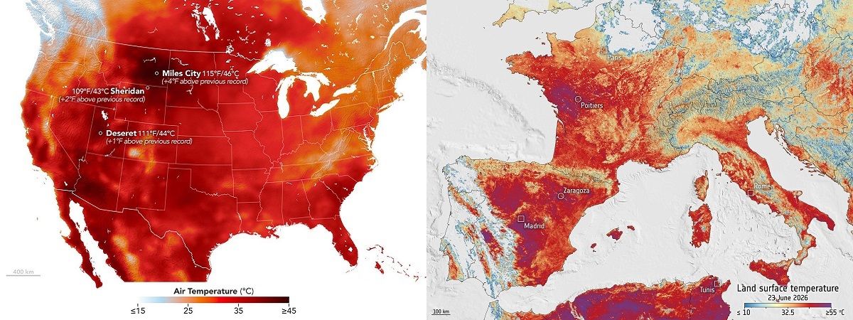 米国（左）と欧州西部を襲っている並外れた猛暑の様子を示した温度分布図。濃い赤色の領域（米西部、スペイン中部、仏西部、北アフリカ等）が最も高温で最高50度近くに達している。米国は2026年7月12日、欧州は6月23日の温度データを用いて作成（NASA Earth Observatory/Michala Garrison、 contains modified Copernicus Sentinel data (2026), processed by ESA）