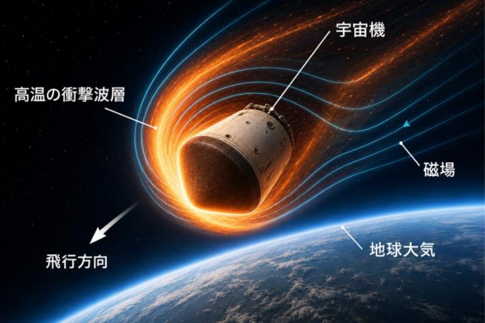 MHDエアロブレーキングの大気圏突入時の概念図。