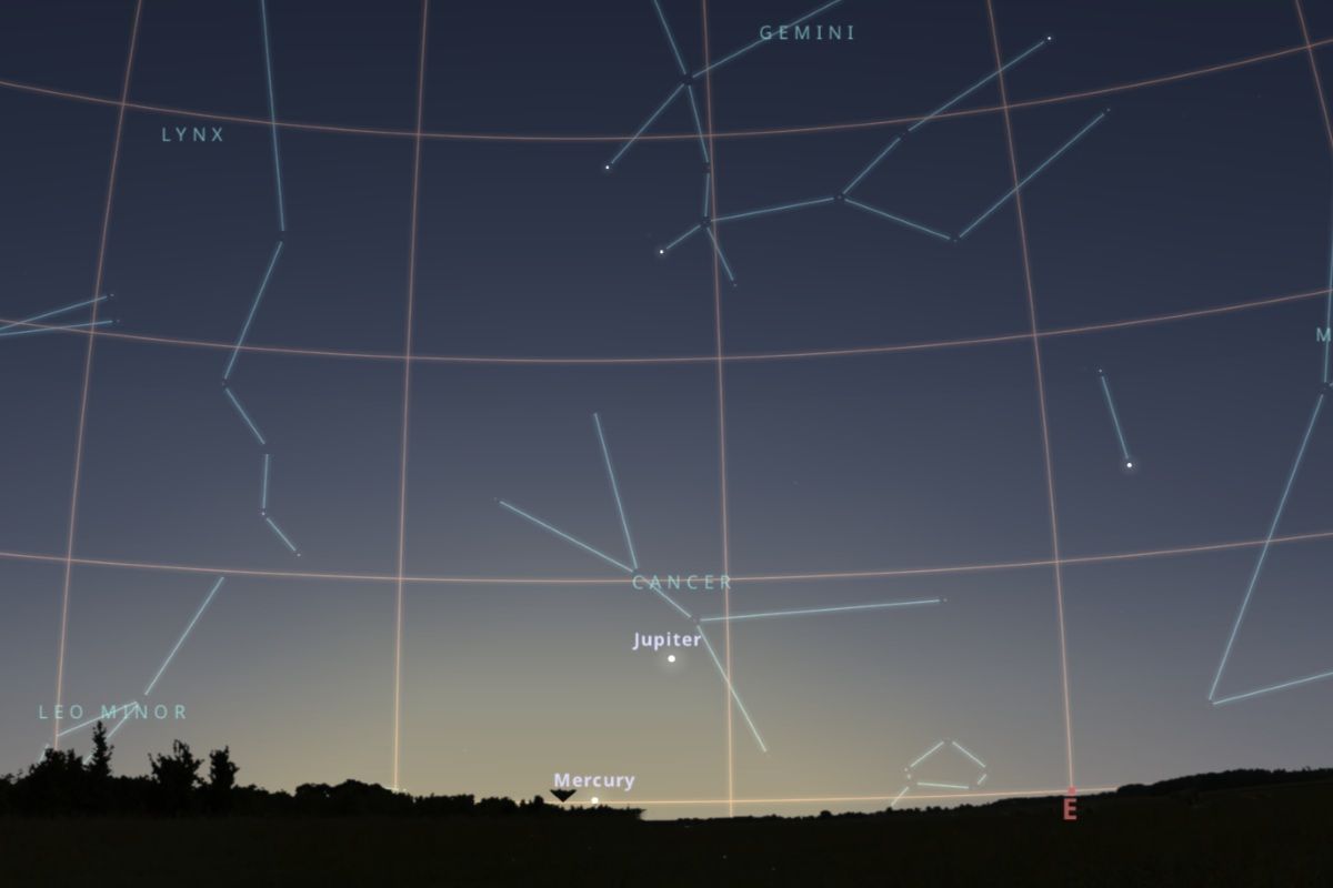 2026年8月20日、日の出45分前（東京：午前4時23分）の東の空（Stellarium）