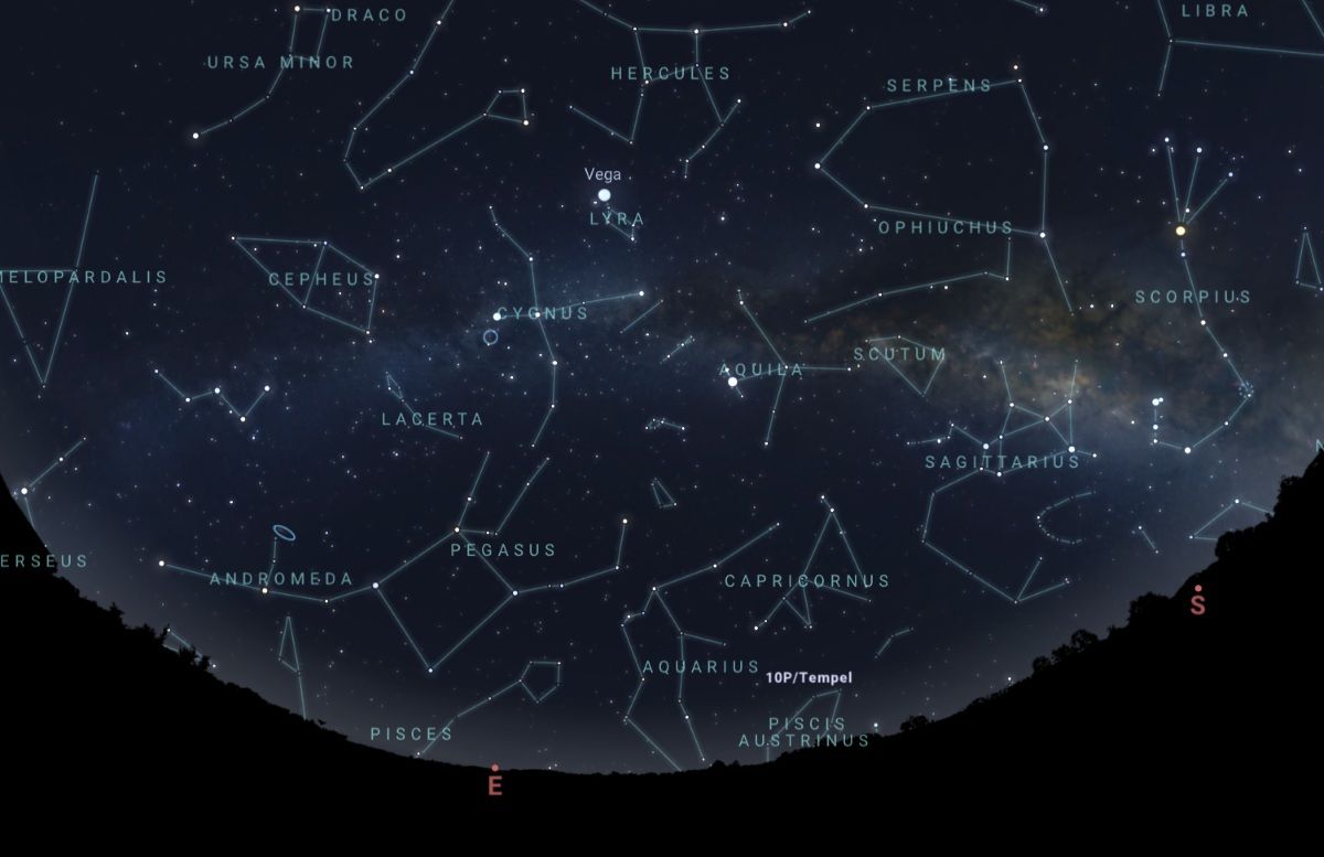 2026年8月8日（東京：午後9時頃）の天の川とはくちょう座の見え方を示した図（Stellarium）