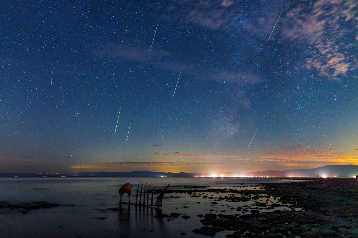 カリフォルニア州ボンベイ・ビーチとソルトン湖の上空に降りそそぐペルセウス座流星群の流れ星（Kevin Key/Slworking/Getty Images）