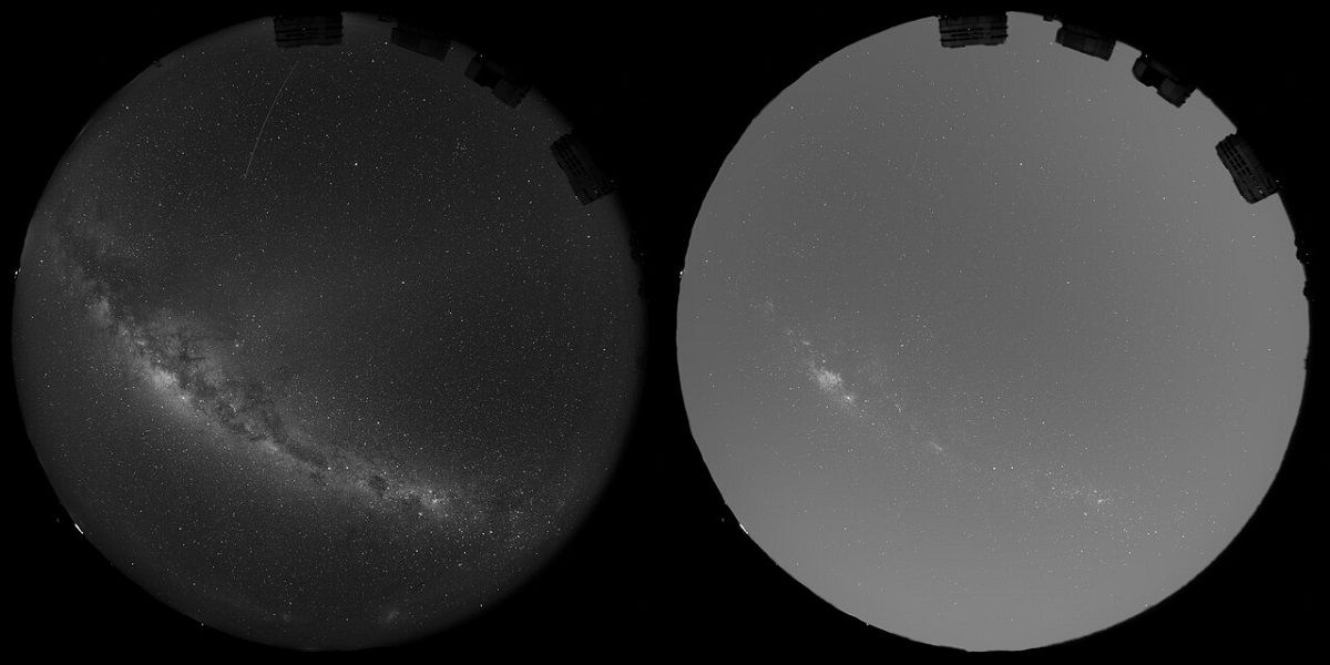 Reflect Orbitalの宇宙ミラー（反射鏡）による夜空の明るさへの影響を示した比較画像（左：実写の夜空で右上はVLTの望遠鏡ドーム4基、右：シミュレーション結果）。ミラー5万枚で反射される光は天文台を直接照らしていなくても大気で散乱するため、夜空は最大3～4倍明るくなる（ESO/O. Hainaut）
