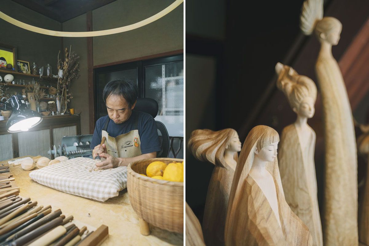 （左）Bed and Craftの創業期に山川からの提案に賛同し、1棟目の宿を手がけた彫刻家の田中孝明。妻で漆作家の田中早苗も2棟目で協業。工房では木彫りのスプーンのワークショップを開催する。（右）木を彫り始めて30年の今年5月、田中はパリで個展を開催。楠を素材に、鑿だけで彫り込んだ女性像の数々を展示した。