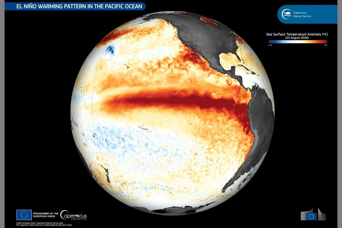 2026年8月25日の太平洋の海面水温の異常な高温状態。コペルニクス海洋環境監視サービスのデータに基づく（European Union, Copernicus Marine Service Data）
