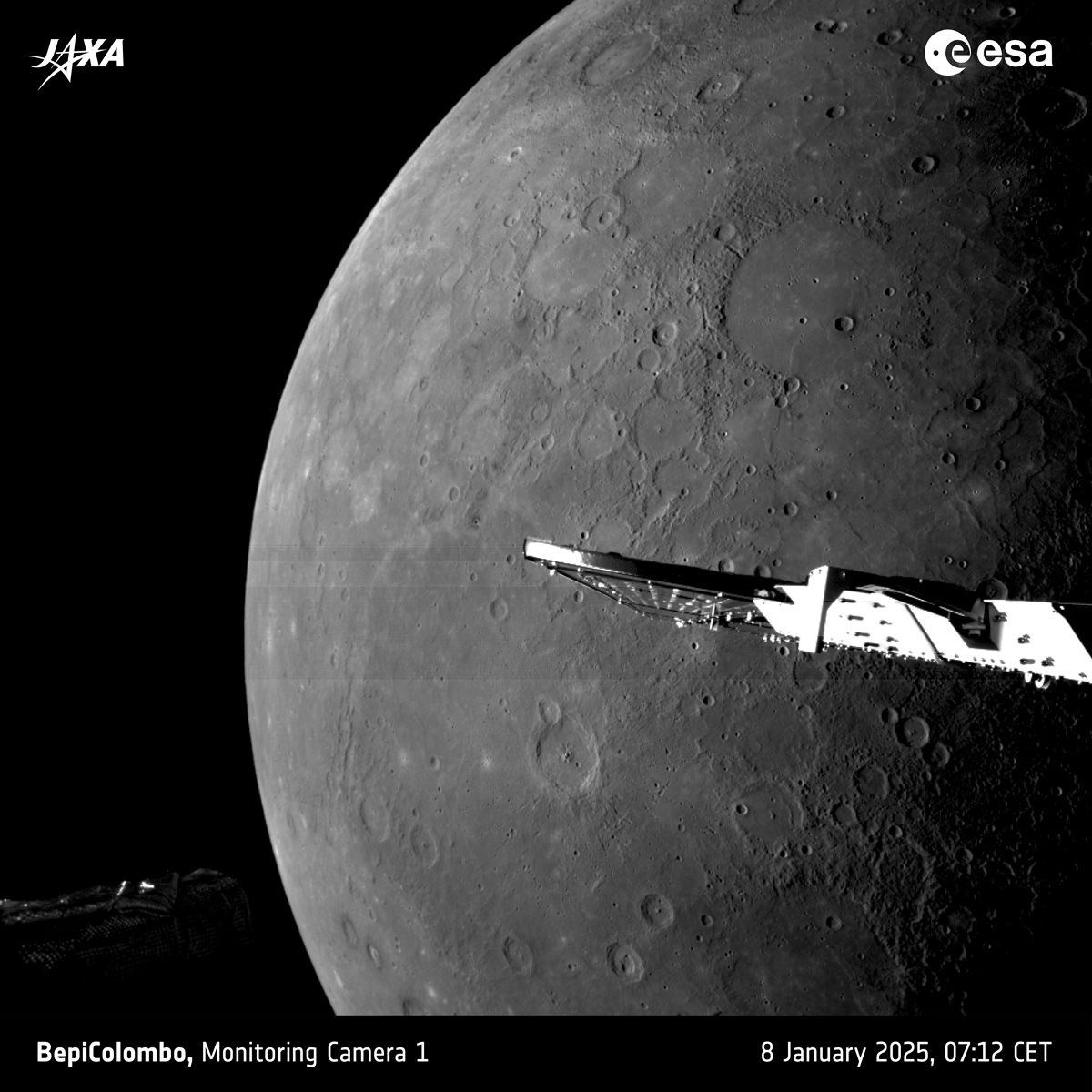 2025年1月、最後の水星フライバイで撮影。夜側の水星表面を高度295kmから撮影（c）ESA/BepiColombo/MTM