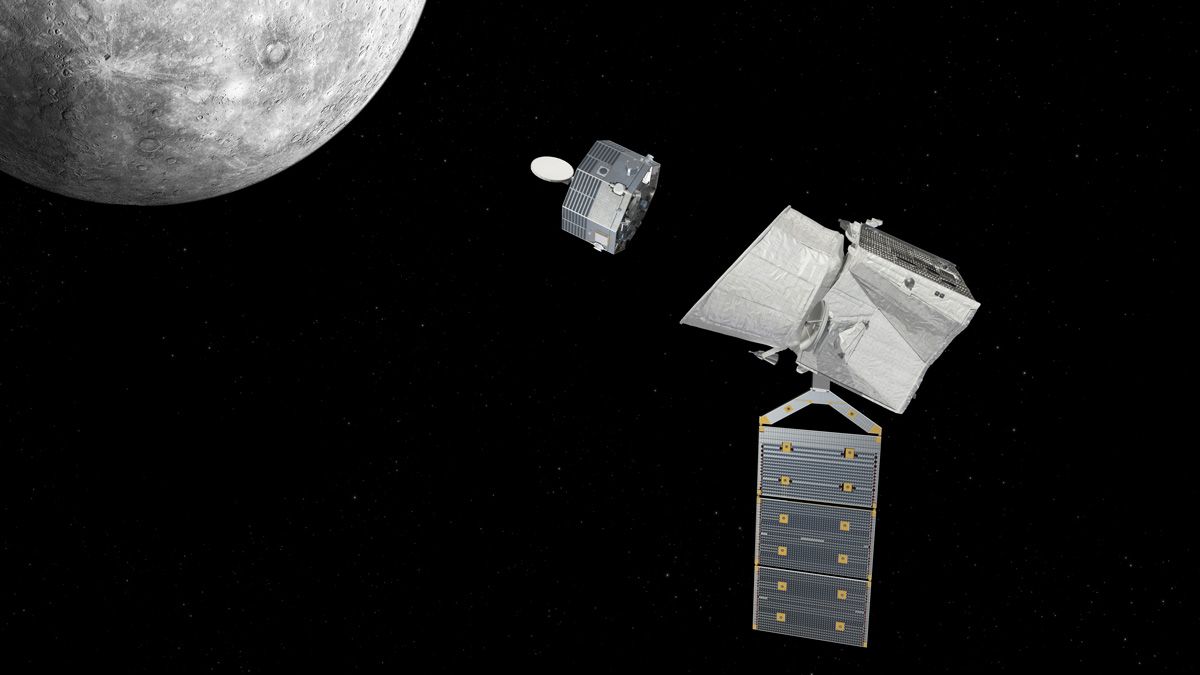 探査機「MPO」と「みお」から輸送モジュール「MTM」を分離するイメージ図。spacecraft: （c）ESA/ATG medialab、Mercury: （c）NASA/JHUAPL/CIW
