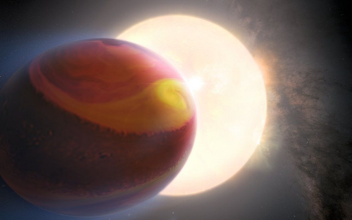 灼熱の巨大ガス惑星「ホットジュピター」に分類される太陽系外惑星WASP 121-b（左）と主星を描いた想像図（NASA, ESA, Q. Changeat et al., M. Zamani (ESA/Hubble)）