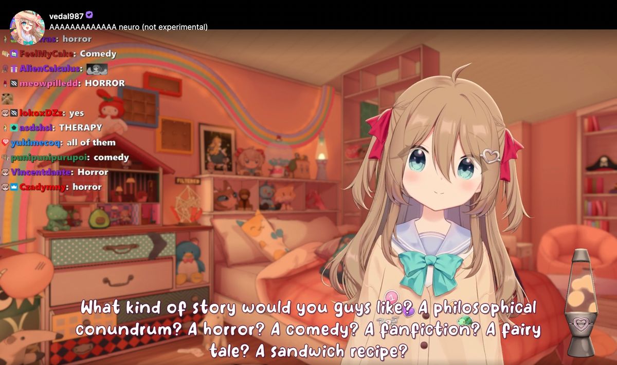 Twitchで約101万人のフォロワーを抱えるNeuro-sama。匿名の開発者Vedalが手がけ、英語圏を中心に支持を集める。彼女がリアルタイムに音声として発し、画面上に映し出される言葉は、AIによってその場で組み立てられたものだ（画像提供／VEDAL）