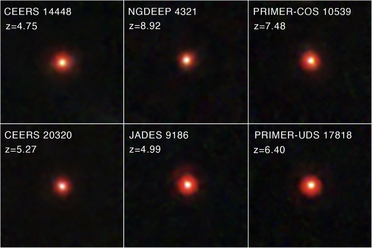 ジェイムズ・ウェッブ宇宙望遠鏡（JWST）を用いたさまざまな深宇宙観測計画で続々と発見されている「リトル・レッド・ドット（小さな赤い点、LRD）」天体の一部の画像（Image: NASA, ESA, CSA, STScI, Dale Kocevski (Colby College)）