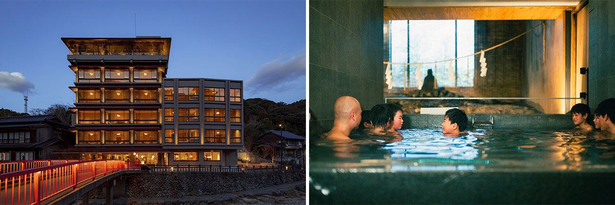 山口県・長門湯本温泉の「SOIL Nagatoyumoto」。老舗旅館「六角堂」を受け継ぎ、客室やレストラン、サウナなどを備える。施設内で完結させず、温泉街や自然へ人を送り出す「温泉街とつながる宿」だ。
