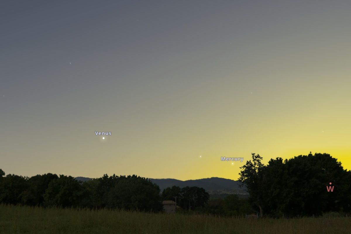 2026年9月23日、日の入り30分後(東京:午後6時7分)の西南西の空(Stellarium)