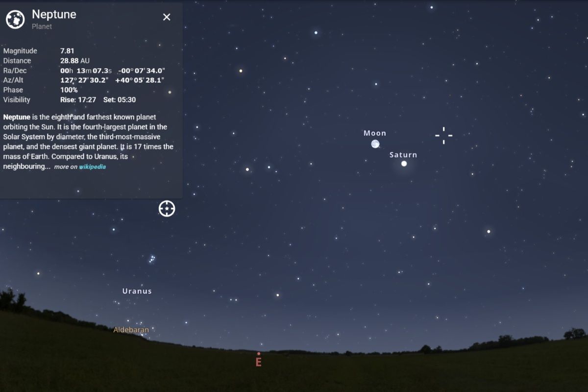 2026年9月27日(東京:午後9時頃)の東の空、海王星の位置を示した図(Stellarium)