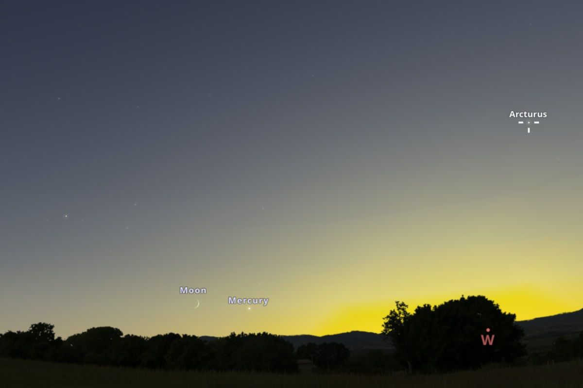 2026年10月13日、日の入り30分後（東京：午後5時39分）の西南西の空（Stellarium）