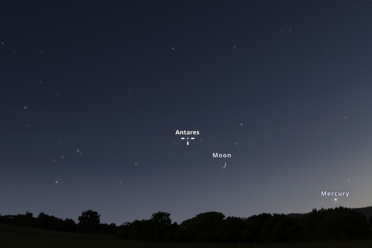 2026年10月14日、日の入り40分後（東京：午後5時48分）の南西の空（Stellarium）