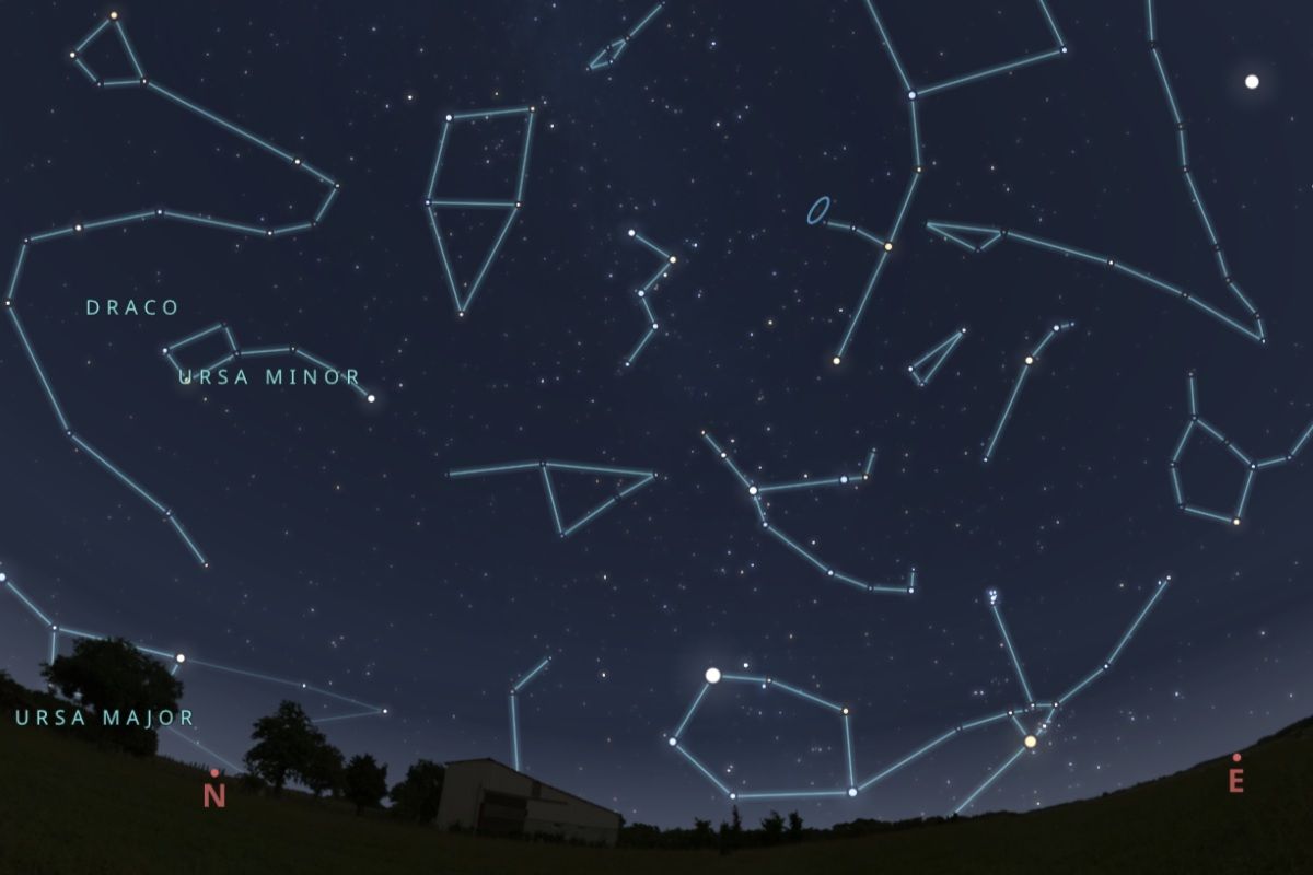 2026年10月21日（東京：午後8時頃）の北東の空。右上に見える明るい星は土星（Stellarium）