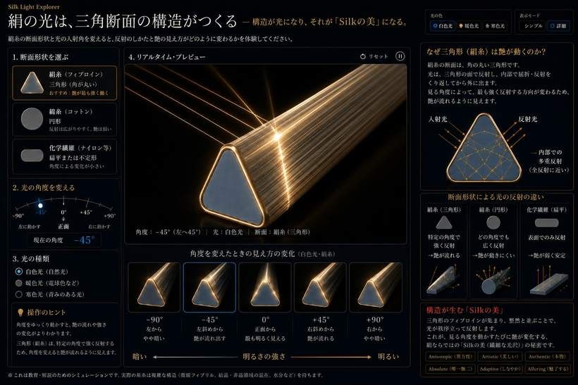 図：絹の光は、三角断面の構造がつくる（静止画）