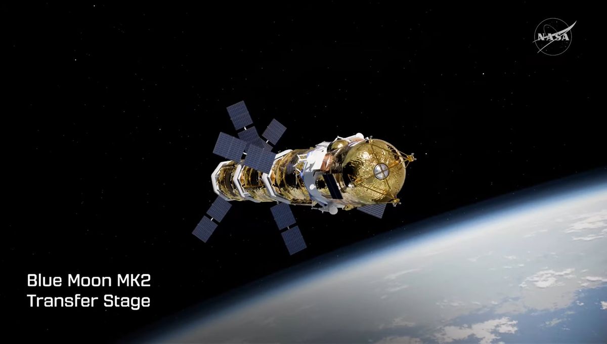 月着陸機ブルームーンに3機のトランスファーステージが接続したイメージ （C）NASA