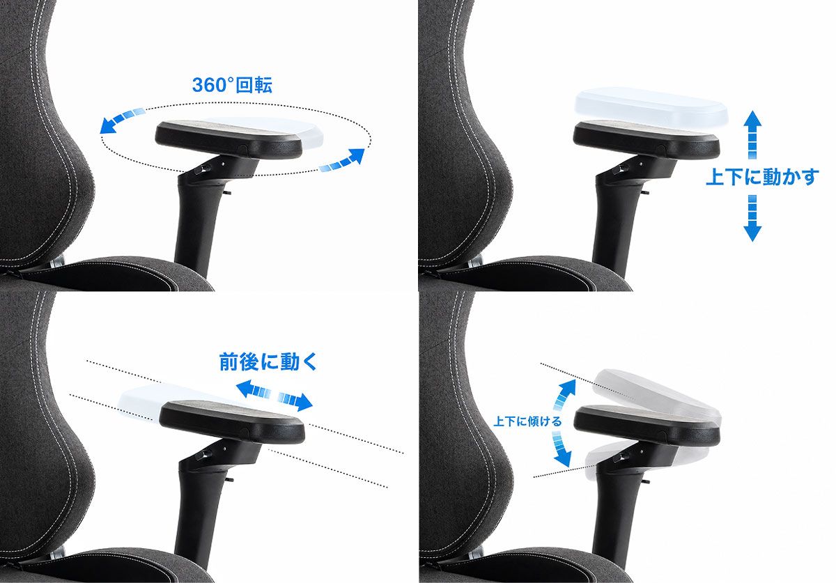 前バージョンにはなかった機能として、PC使用時に肘などを置くアームパッドが360度回転可能で、上向きに20度傾けられるようになり、フィット感を調整できる