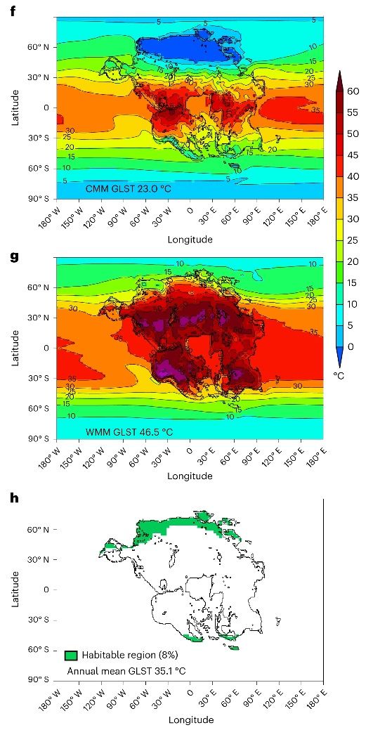 2.5億年後に形成される超大陸パンゲア・プロキシマの寒冷期（上）と温暖期（中）の平均気温と居住可能領域（下、緑色の範囲）の数値シミュレーション結果（一部抜粋）（Farnsworth, A., Lo, Y.T.E., Valdes, P.J. et al. Nat. Geosci. （2023） Licensed under CC BY 4.0）