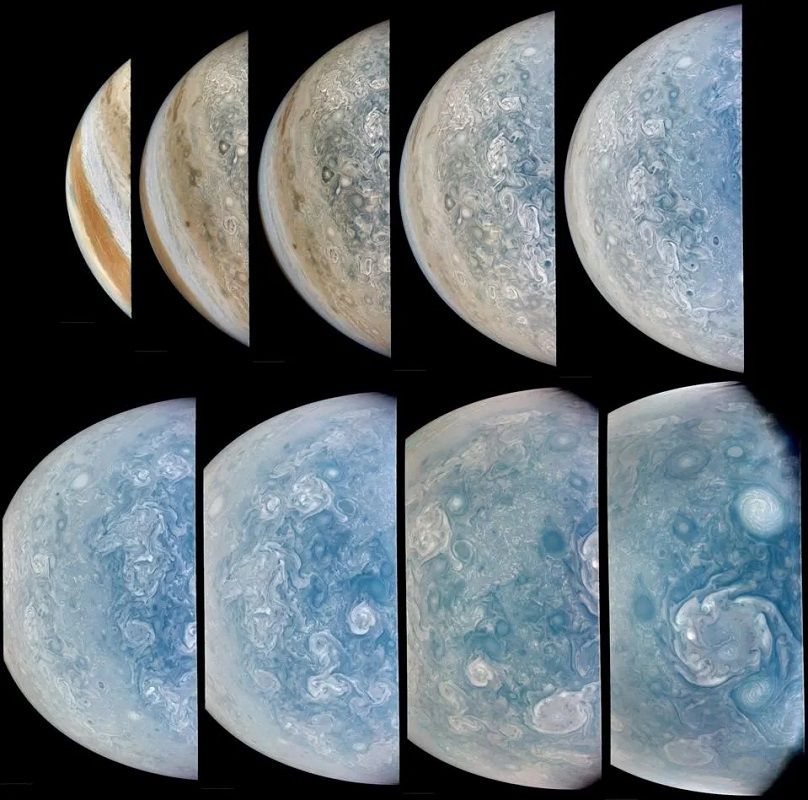 NASA探査機ジュノーが2024年12月28日に実施した68回目のフライバイ（近接通過）時に撮影した木星のさまざまな姿。画像処理は市民科学者のBrian Swiftが担当（NASA/JPL-Caltech/SwRI/MSSS/Brian Swift (c) cc by）