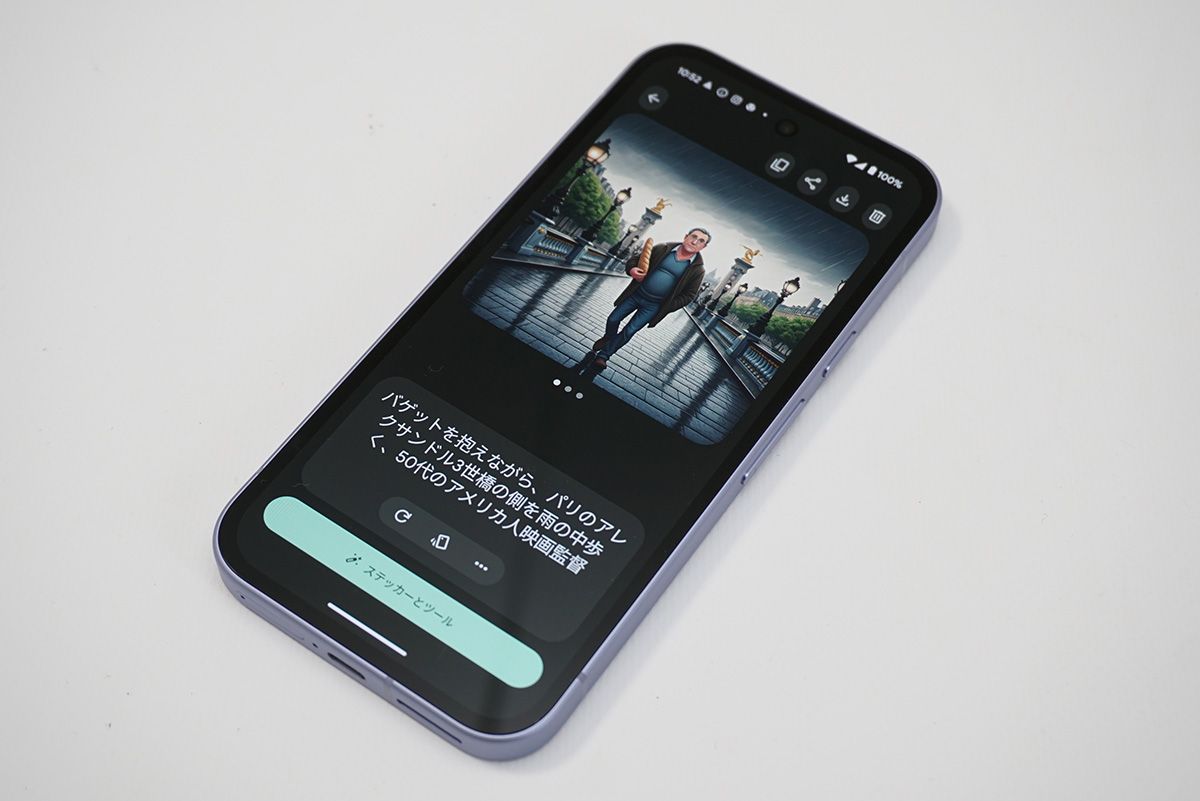グーグルの画像生成AIモデル「Imagen 3」をベースに開発した「Pixelスタジオ」アプリ（プレビュー版として公開中）はPixel 9aでも使える。テキストプロンプトや編集機能を設けたユーザーインターフェースにより、意図する画像を生成しやすくしている