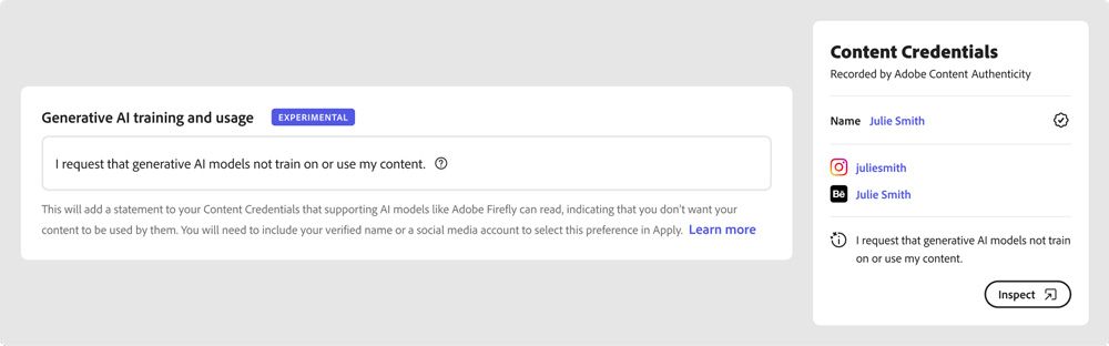 Adobe Content Authenticityで自分の作品をAIモデルの学習に使って欲しくないという意思表示も付与することができる
