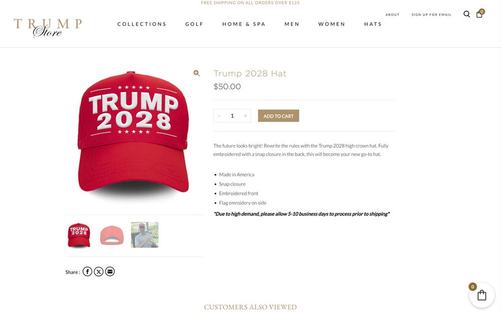 「トランプ・ストア」で販売されている「トランプ2028」をテーマにしたキャップ(スクリーンショット)