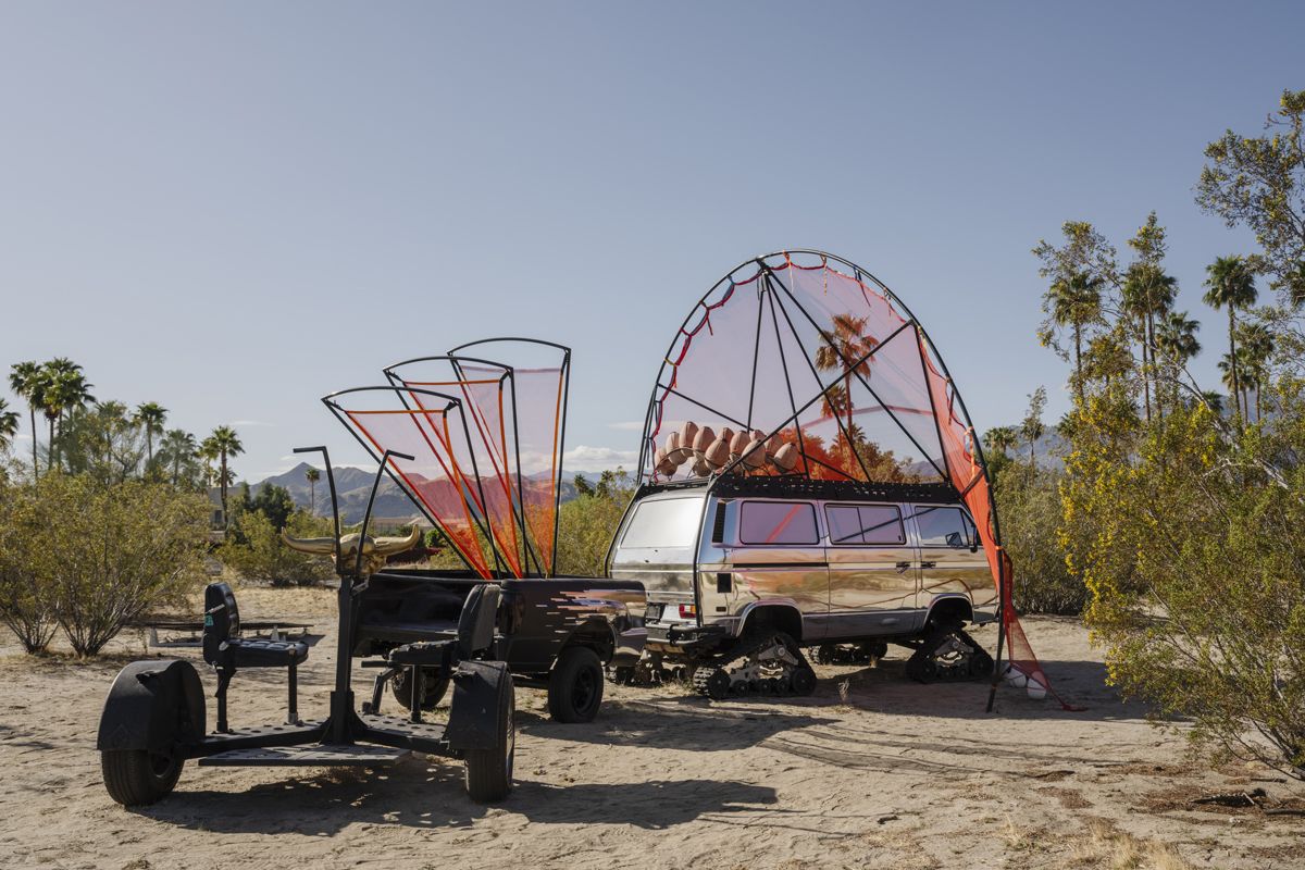 Desert X 2025 installation view of Cannupa Hanska Luger, G.H.O.S.T. Ride (Generative Habitation Operating System Technology) , photo by Lance Gerber, courtesy Desert X