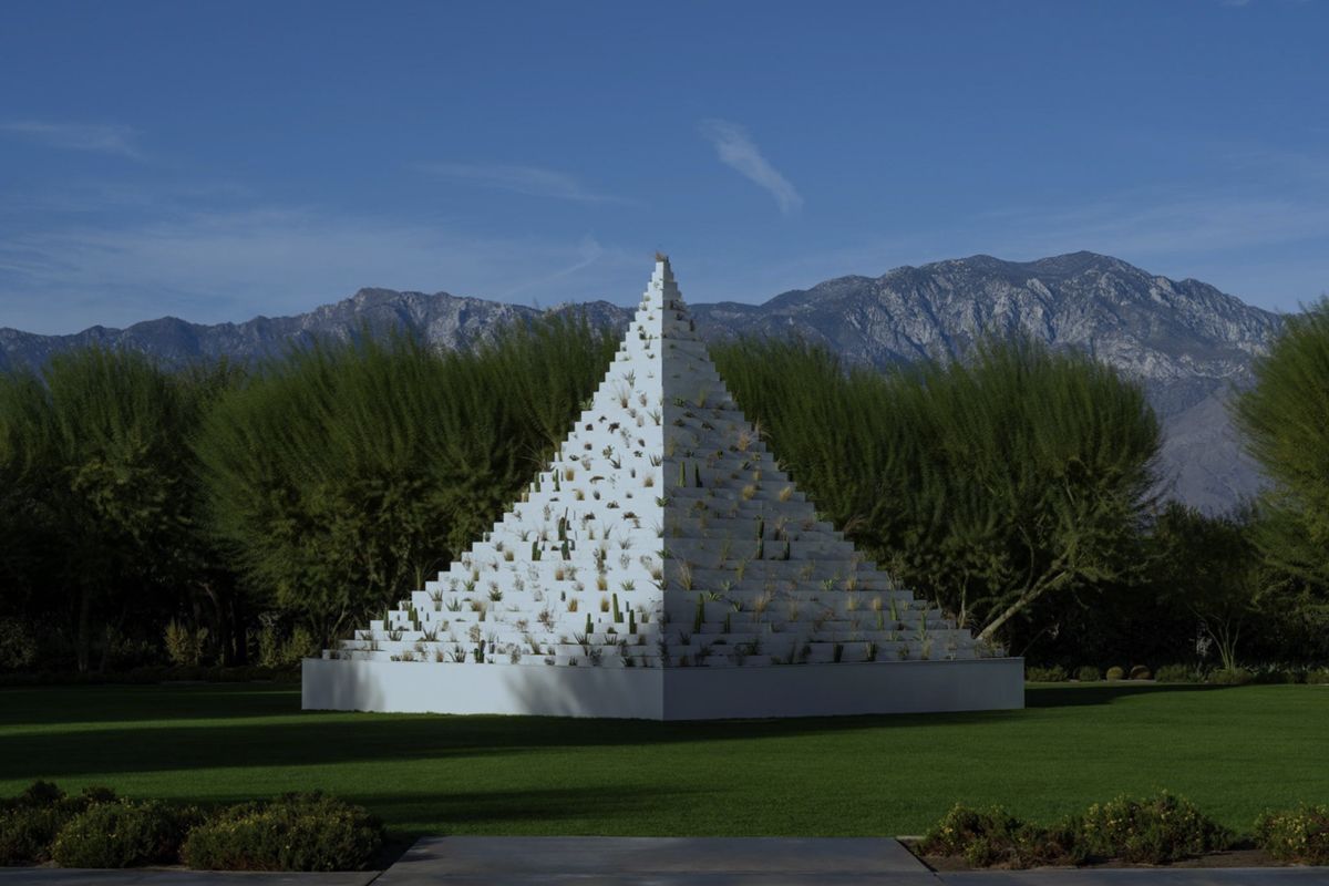 Desert X 2025 installation view of Agnes Denes The Living Pyramid at Sunnylands Center & Gardens, photo by Lance Gerber, courtesy Desert X