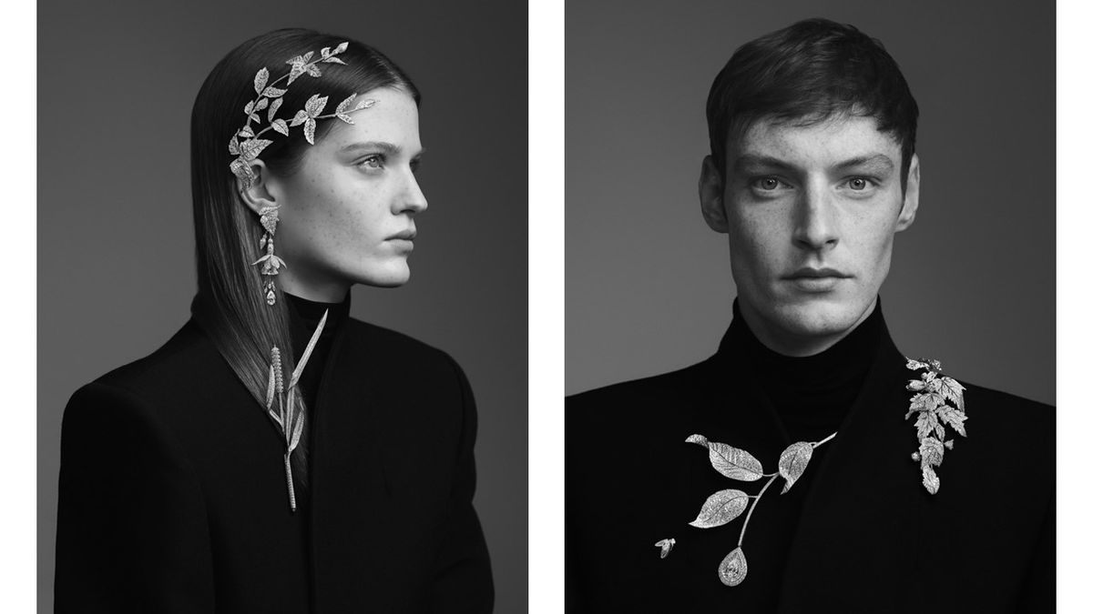 〈UNTAMED NATURE〉より、左の写真：上から「フュシャ」ヘッドジュエリー／ブローチ、「フュシャ」イヤリング、「ロゾー」ブローチ。 右の写真：右から「モーヴ」ブレスレット（肩に着用）、「ロジエ」ネックレス、「ムーシュ」ピン／ヘッドジュエリー。