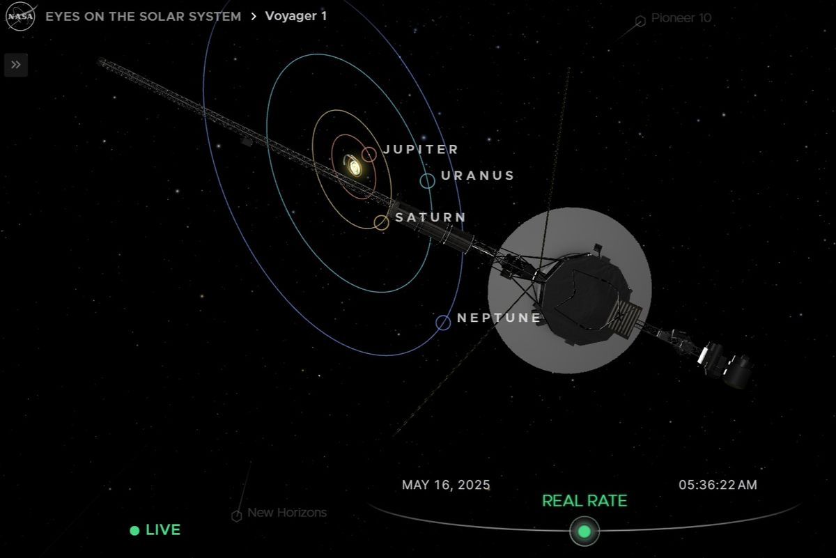 2025年5月16日現在のボイジャー1号の位置を示した図。NASAのリアルタイム3Dデータ可視化サービス「Eyes on the Solar System」より(NASA)