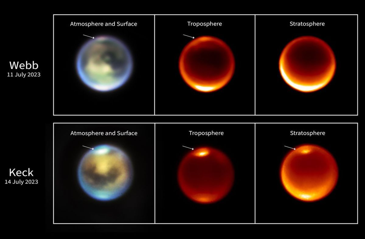 土星の衛星タイタン北半球でのメタン雲（白い矢印）の高度変化をとらえた画像。（上段）ジェイムズ・ウェッブ宇宙望遠鏡が2023年7月11日に撮影、（下段）ハワイのW・M・ケック天文台が2023年7月14日に撮影（NASA, ESA, CSA, STScI, and W.M. Keck Observatories）