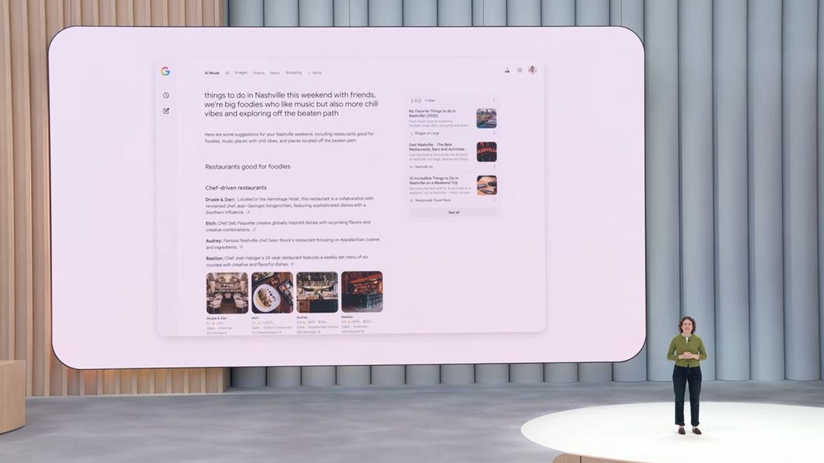 米国のすべてのユーザーを対象に、グーグル検索の新機能「AIモード」が正式に公開された。これにより、従来の「青いリンク10個」の代わりにAIが生成した要約や文脈的説明、引用元が表示されるようになった（YouTubeのスクリーンショット）