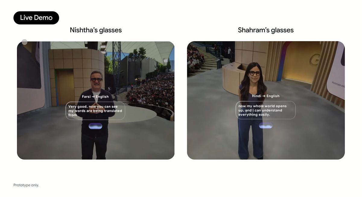 基調講演のステージではAndroid XRによる視覚情報支援やリアルタイム翻訳のデモンストレーションが行われた。会場の通信環境によるものかもしれないが、スマートグラスに表示される動画や音声に若干の途切れがあった。今しばらく開発の追い込みに時間がかかりそうだ