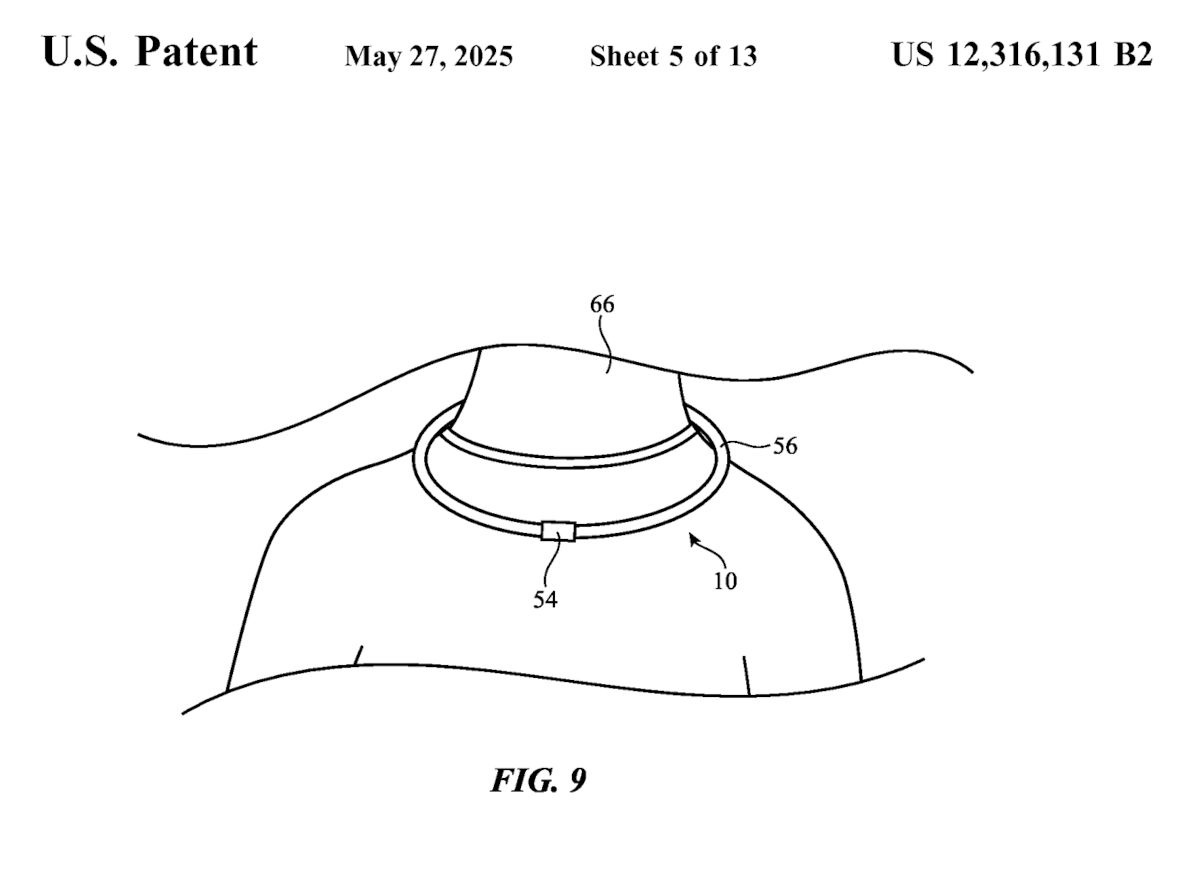 特許文書には、ウェアラブル・ループをユーザーの手首や足首、人間またはペットの首に装着したり、鍵やドアノブなどに取り付けたりすることで、空間データの取得やトラッキングが行えることが記載されている（特許資料のスクリーンショット）