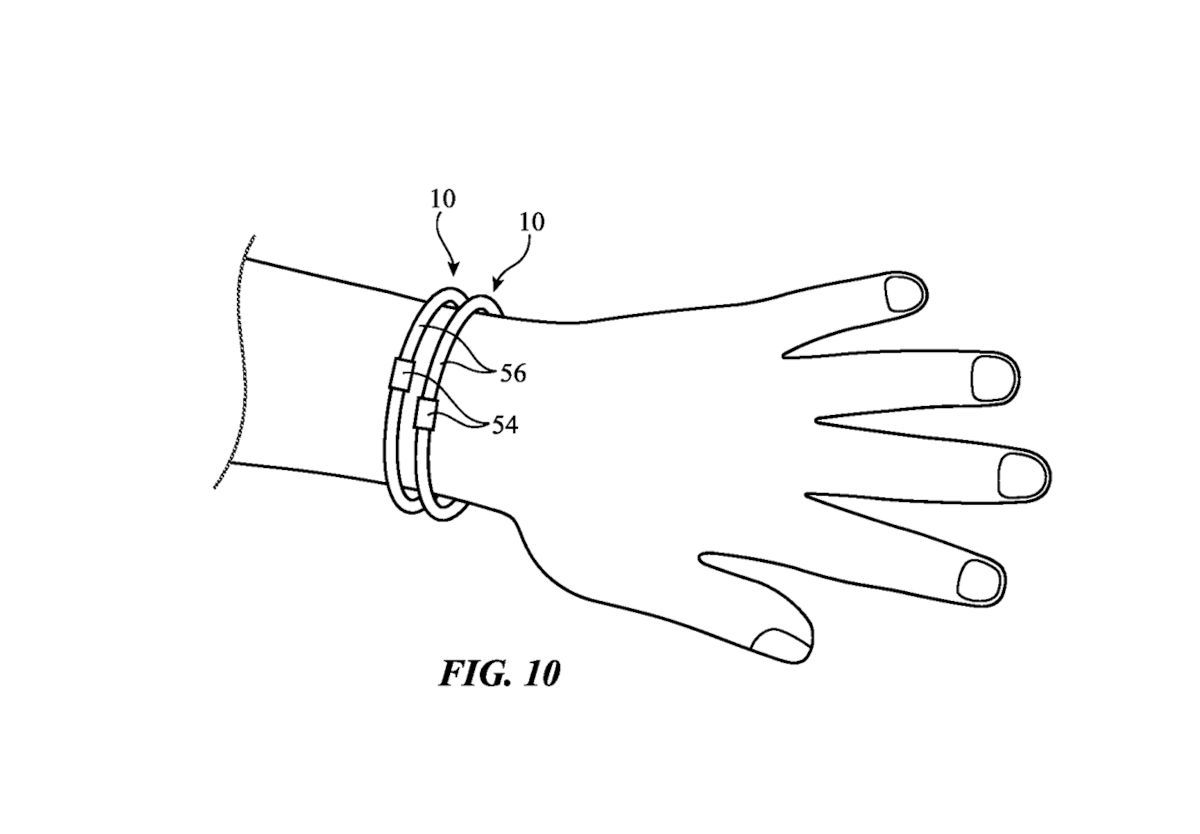 特許文書には、ウェアラブル・ループをユーザーの手首や足首、人間またはペットの首に装着したり、鍵やドアノブなどに取り付けたりすることで、空間データの取得やトラッキングが行えることが記載されている（特許資料のスクリーンショット）
