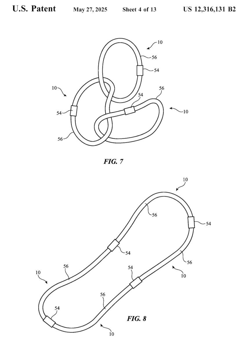 特許文書では、複数のウェアラブル・ループを同時に装着したり、複数を連結してひとつの大きなループにできることが想定されている（特許資料のスクリーンショット）