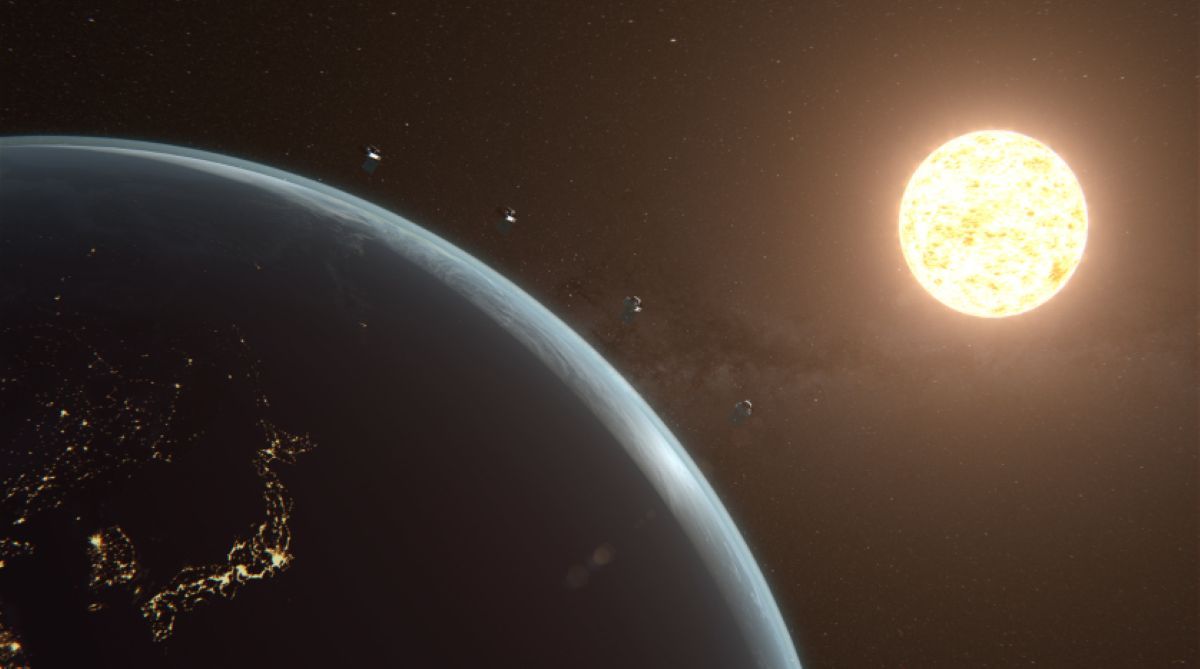 地球軌道上に展開する4機の太陽観測衛星コンステレーション「PUNCH」のイメージ図（NASA）