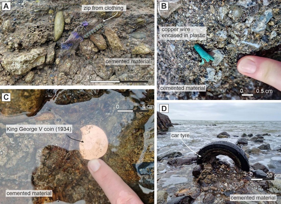 スラグで満たされた海岸堆積物内に固定化されている人為起源物質の現地写真(A)洋服のジッパー(B)プラスチック被覆銅線(C)1934年発行のジョージ5世硬貨(D)車のタイヤ(Owen et al. 2025/Geology)