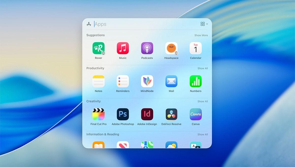 macOS Tahoe 26で強化されるSpotlight機能。検索時にはファイル、フォルダ、イベント、アプリ、メッセージなどの結果がすべて一緒に表示され、ユーザーとの関わりが高いものが優先的に提案される