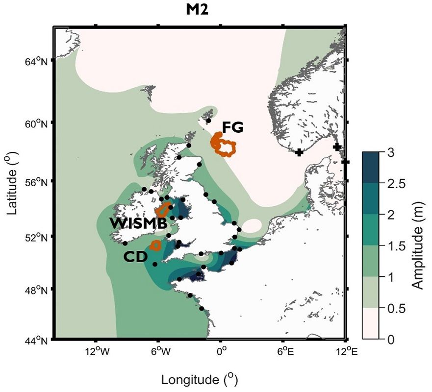今回の分析対象となった英国周辺にある3カ所の堆積中心（オレンジ色の枠で囲まれた領域）の位置を示した地図。左からCDはケルティック・ディープ（Celtic Deep）、WISMBは西アイリッシュ海泥帯（Western Irish Sea mud belt）、FGはフレーデン・グラウンド（Fladen Ground）の範囲をそれぞれ表している（S. L. Ward et al., JGR Oceans 2025）