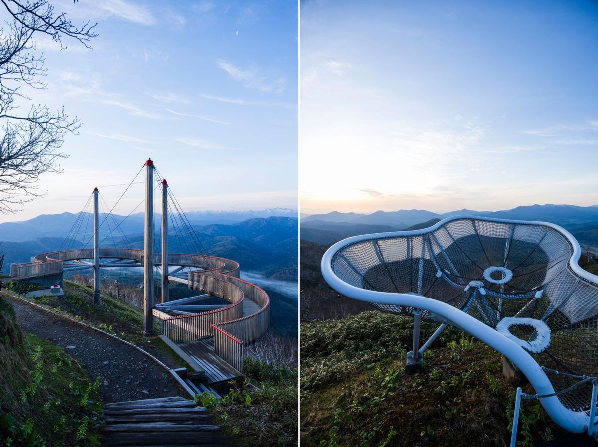 （左）吊り橋構造が目を引く「Cloud Walk」。“雲形”になっているのも特徴のひとつだ。（右）雲状にアスレチックネットが敷かれた「Cloud Pool」。縦横約10メートル、地上からの高さは最大8メートルにもなる。