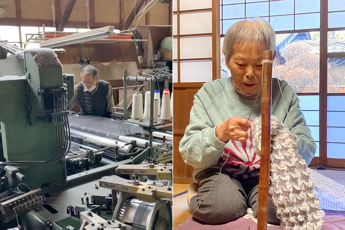 尾州織物工場（左）、有松絞り職人（右）