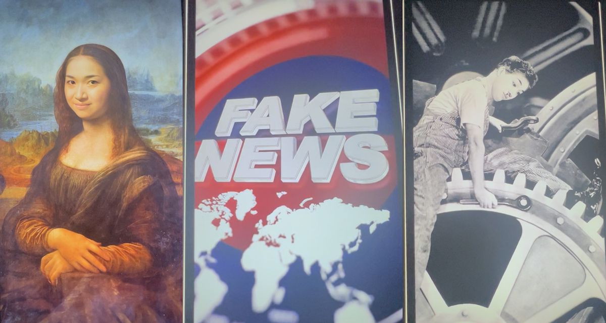 筆者の訪問時の映像の一部。AIの進化によってフェイクニュースが簡単につくられる世の中への警鐘を鳴らしている。